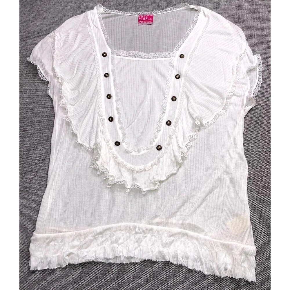 Free People FP One Blouse Top Womens Medium White Modal Scoop Neck Ruffle Trim